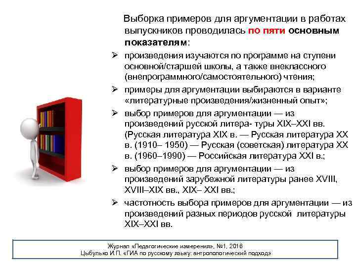  Выборка примеров для аргументации в работах выпускников проводилась по пяти основным показателям: Ø