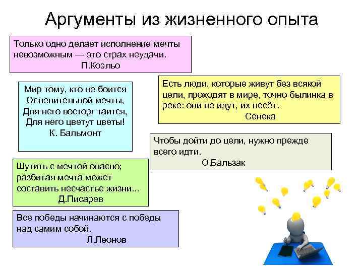 Аргументы из жизненного опыта Только одно делает исполнение мечты невозможным — это страх неудачи.