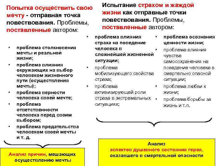 Попытка осуществить свою мечту - отправная точка повествования. Проблемы, поставленные автором: • • •