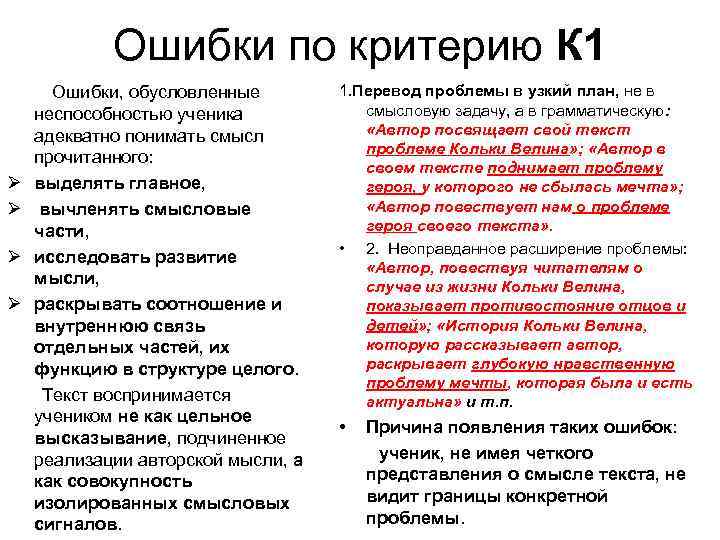 Ошибки по критерию К 1 Ошибки, обусловленные неспособностью ученика адекватно понимать смысл прочитанного: Ø