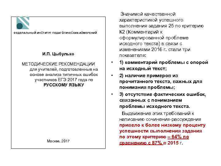 ФЕДЕРАЛЬНЫЙ ИНСТИТУТ ПЕДАГОГИЧЕСКИХ ИЗМЕРЕНИЙ И. П. Цыбулько МЕТОДИЧЕСКИЕ РЕКОМЕНДАЦИИ для учителей, подготовленные на основе
