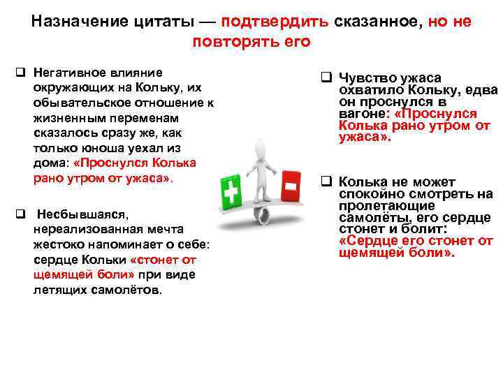 Назначение цитаты — подтвердить сказанное, но не повторять его q Негативное влияние окружающих на