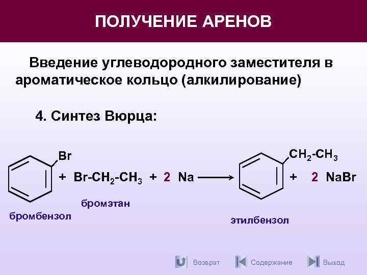 ПОЛУЧЕНИЕ АРЕНОВ Введение углеводородного заместителя в ароматическое кольцо (алкилирование) 4. Синтез Вюрца: Br CH