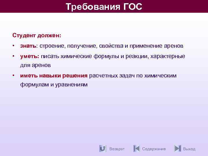 Требования ГОС Студент должен: • знать: строение, получение, свойства и применение аренов • уметь: