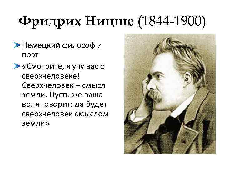 Фридрих Ницше (1844 -1900) Немецкий философ и поэт «Смотрите, я учу вас о сверхчеловеке!