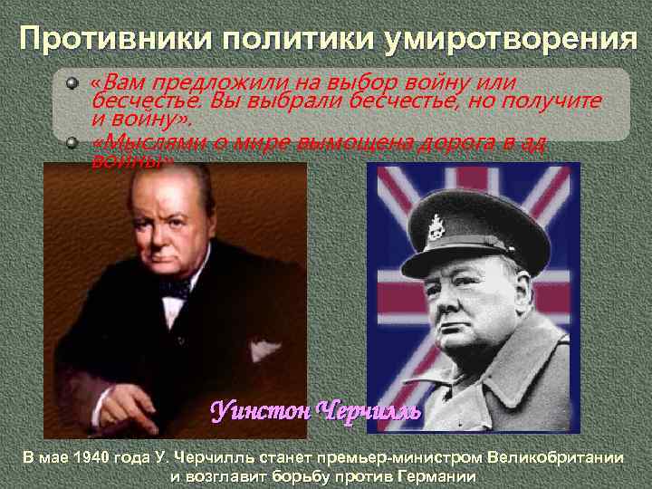 Противники политики умиротворения «Вам предложили на выбор войну или бесчестье. Вы выбрали бесчестье, но