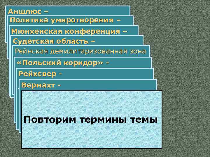 Аншлюс – присоединение Австрии к Политика умиротворения – политика попустительства Германии в 1938 году.