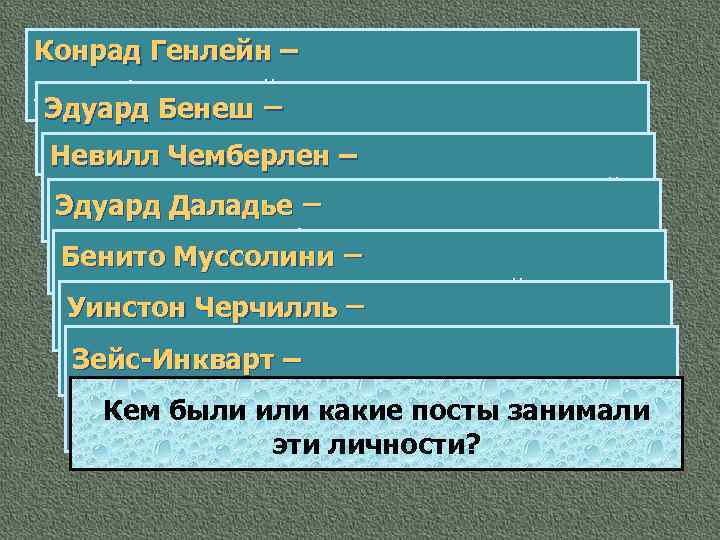 Конрад Генлейн – лидер фашистской партии судетских немцев. Эдуард Бенеш – президент Чехословакии в