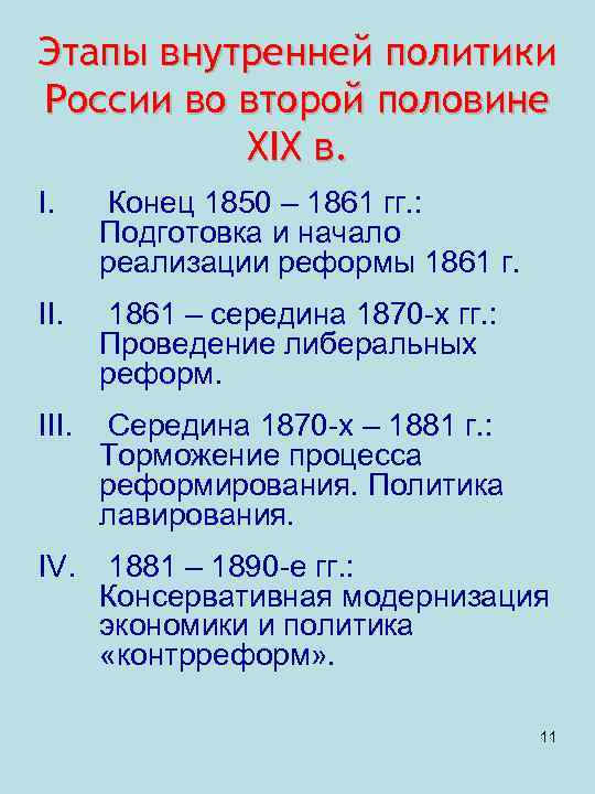 Этапы внутренней политики России во второй половине XIX в. I. Конец 1850 – 1861