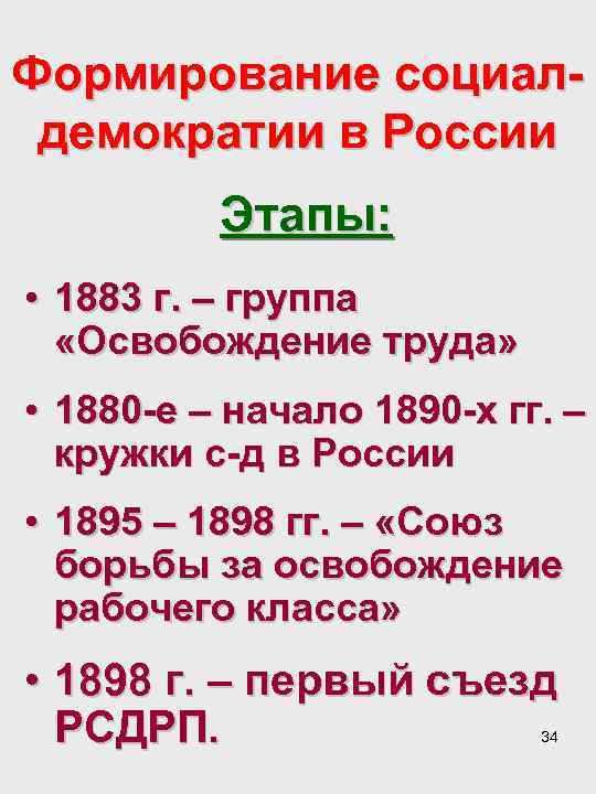 Формирование социалдемократии в России Этапы: • 1883 г. – группа «Освобождение труда» • 1880