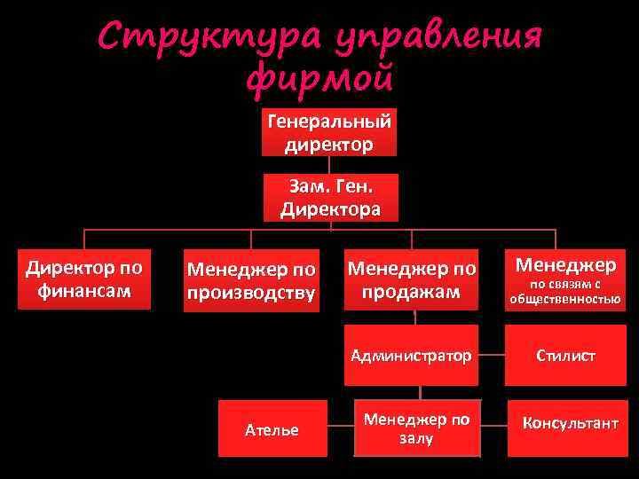 Структура управления фирмой Генеральный директор Зам. Ген. Директора Директор по финансам Менеджер Ателье Менеджер