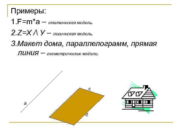 Примеры: 1. F=m*a – статическая модель. 2. Z=X / У – логическая модель. 3.