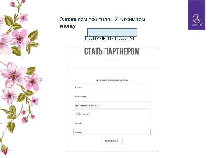 Заполняем все поля. И нажимаем кнопку ПОЛУЧИТЬ ДОСТУП 