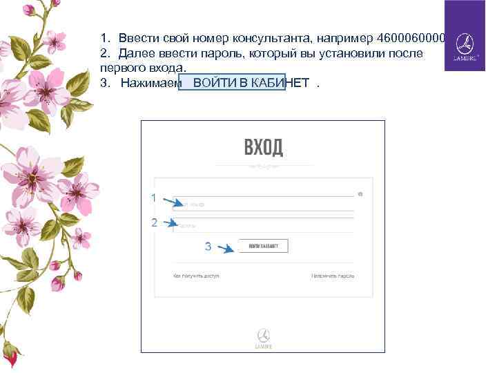 1. Ввести свой номер консультанта, например 460000. 2. Далее ввести пароль, который вы установили