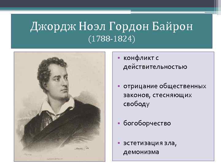 Джордж Ноэл Гордон Байрон (1788 -1824) • конфликт с действительностью • отрицание общественных законов,