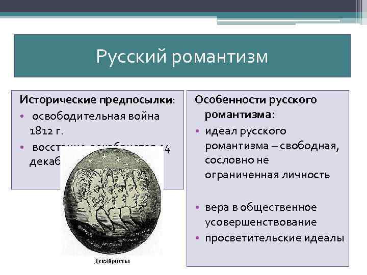 Русский романтизм Исторические предпосылки: • освободительная война 1812 г. • восстание декабристов 14 декабря