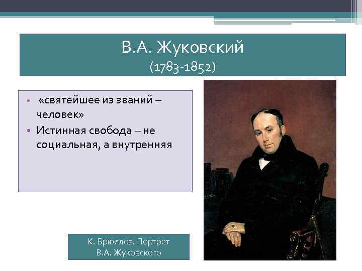 В. А. Жуковский (1783 -1852) • «святейшее из званий – человек» • Истинная свобода