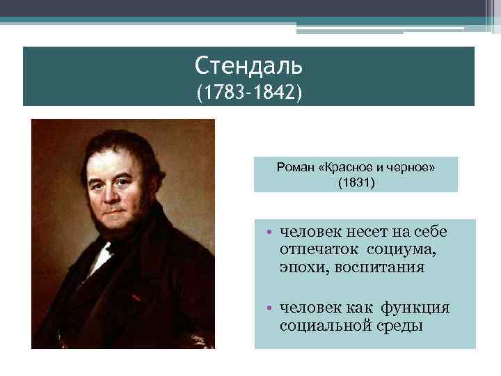 Стендаль (1783 -1842) Роман «Красное и черное» (1831) • человек несет на себе отпечаток