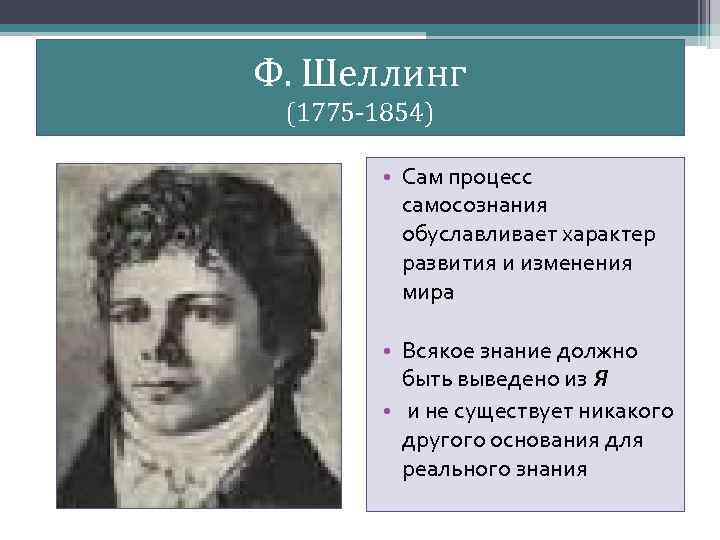 Ф. Шеллинг (1775 -1854) • Сам процесс самосознания обуславливает характер развития и изменения мира