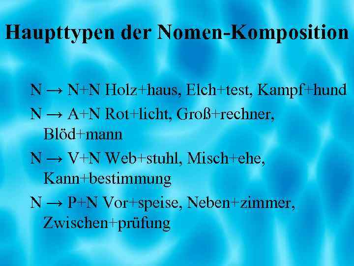 Haupttypen der Nomen-Komposition N → N+N Holz+haus, Elch+test, Kampf+hund N → A+N Rot+licht, Groß+rechner,