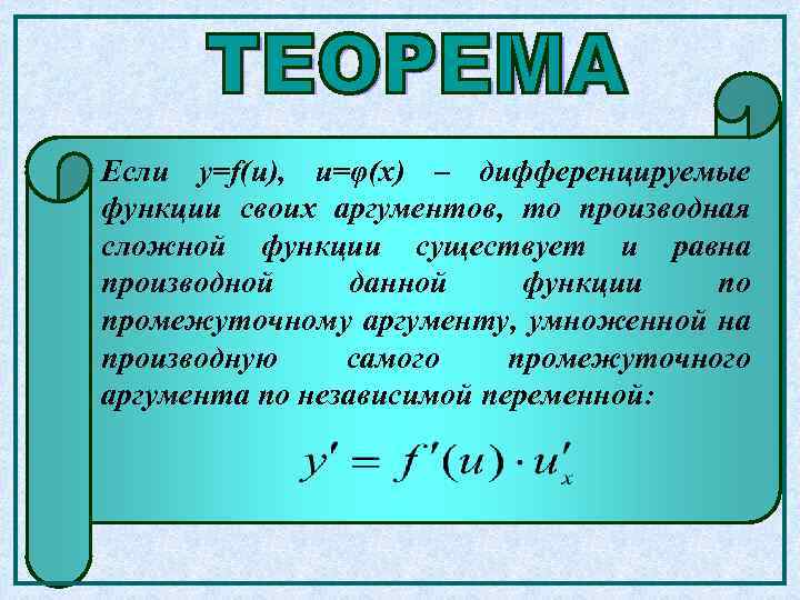 Если y=f(u), u=φ(x) – дифференцируемые функции своих аргументов, то производная сложной функции существует и