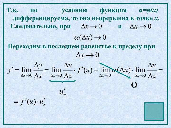 Т. к. по условию функция u=φ(x) дифференцируема, то она непрерывна в точке x. Следовательно,