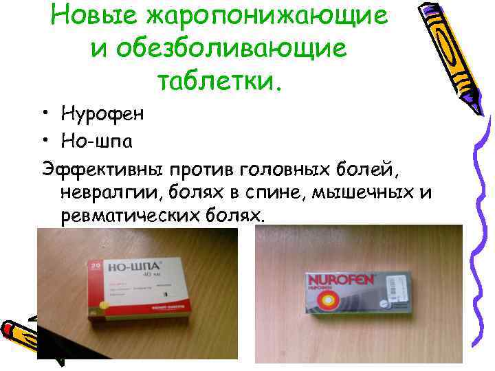Новые жаропонижающие и обезболивающие таблетки. • Нурофен • Но-шпа Эффективны против головных болей, невралгии,