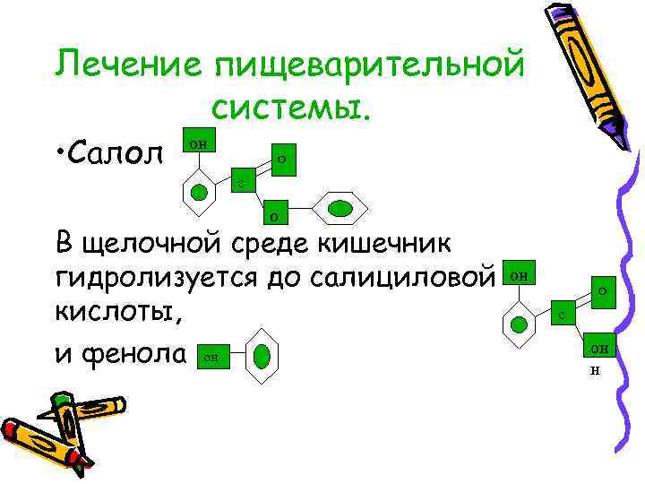 Лечение пищеварительной системы. • Салол он о с о В щелочной среде кишечник гидролизуется