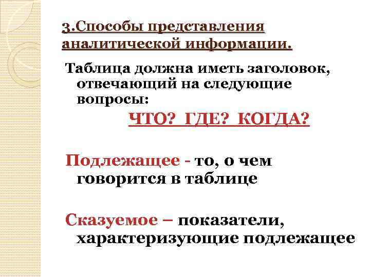 3. Способы представления аналитической информации. Таблица должна иметь заголовок, отвечающий на следующие вопросы: ЧТО?