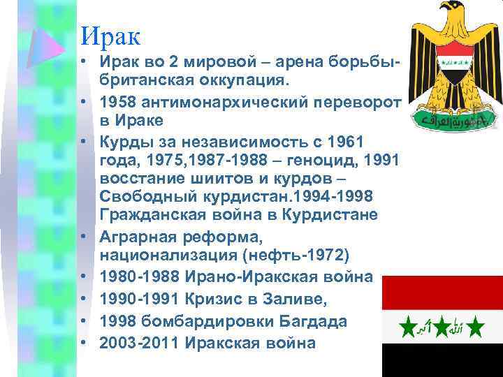 Ирак • Ирак во 2 мировой – арена борьбыбританская оккупация. • 1958 антимонархический переворот