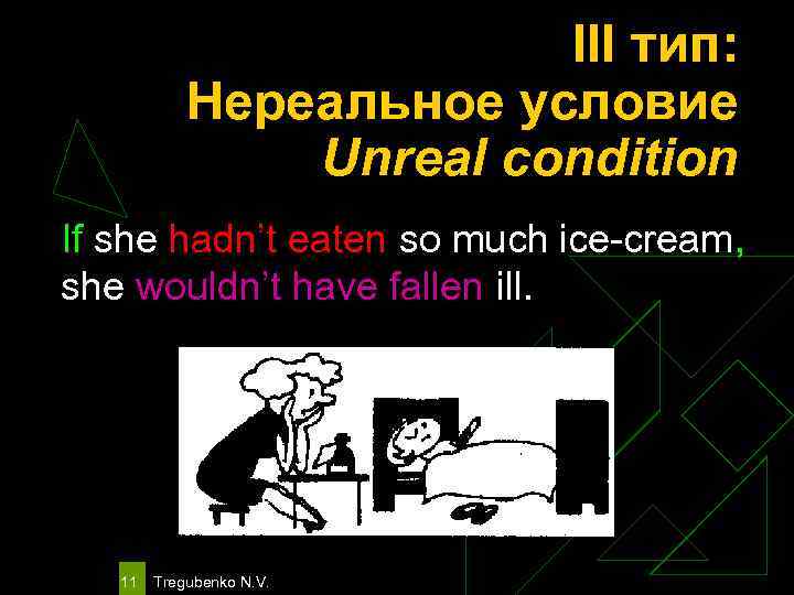 III тип: Нереальное условие Unreal condition If she hadn’t eaten so much ice-cream, she