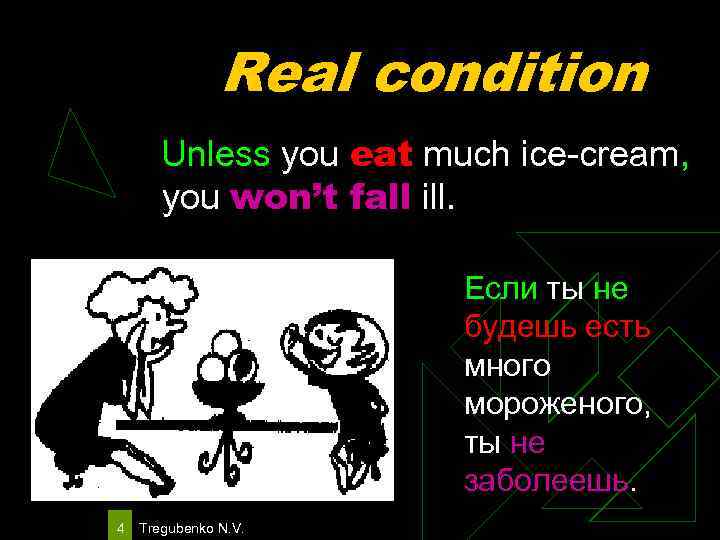Real condition Unless you eat much ice-cream, you won’t fall ill. Если ты не