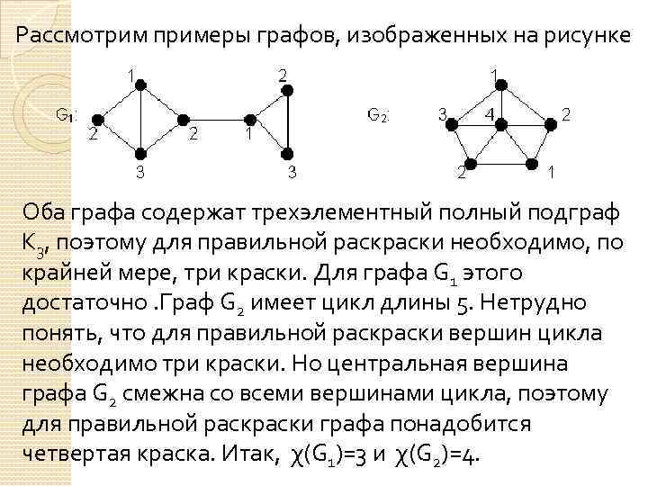 Рассмотрим примеры графов, изображенных на рисунке Оба графа содержат трехэлементный полный подграф К 3,