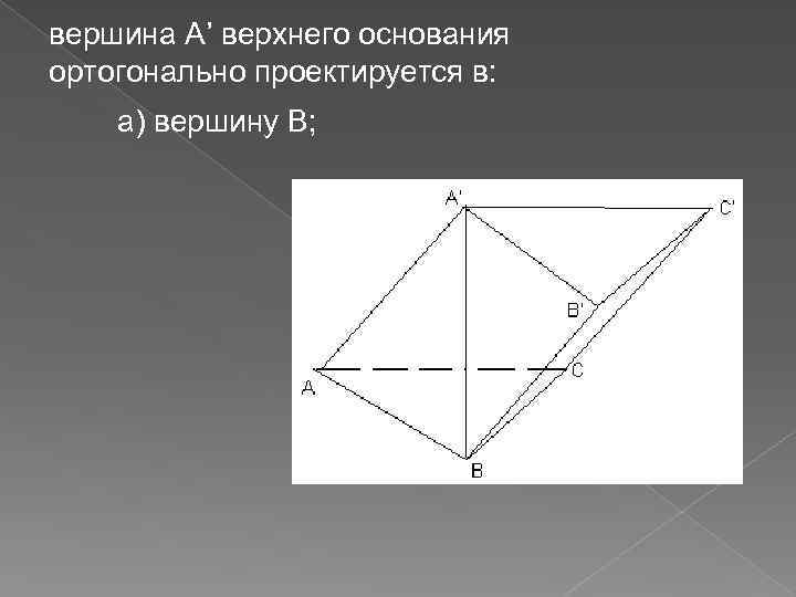 вершина А’ верхнего основания ортогонально проектируется в: а) вершину В; 