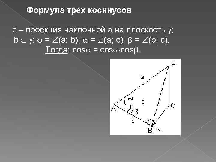 Формула трех косинусов c – проекция наклонной а на плоскость ; b ; =