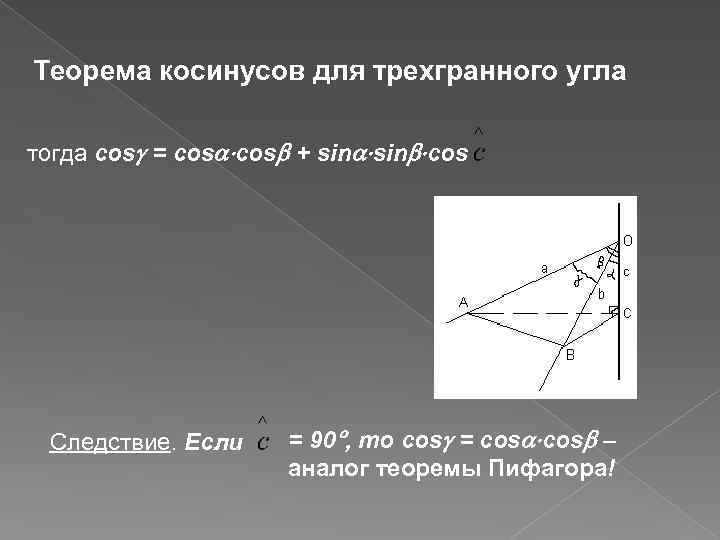 Теорема синусов для трехгранного угла. Теорема косинусов для трехгранного угла. Трехгранный угол теорема. Теорема синусов и косинусов для трехгранного угла.