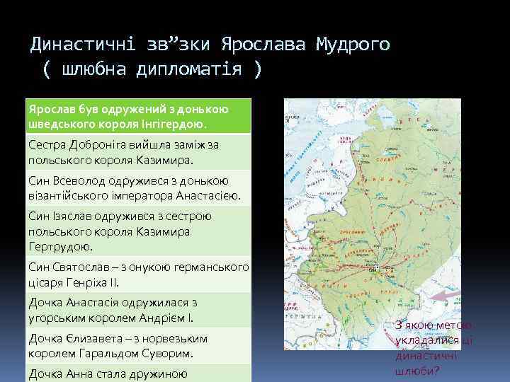 Династичні зв”зки Ярослава Мудрого ( шлюбна дипломатія ) Ярослав був одружений з донькою шведського