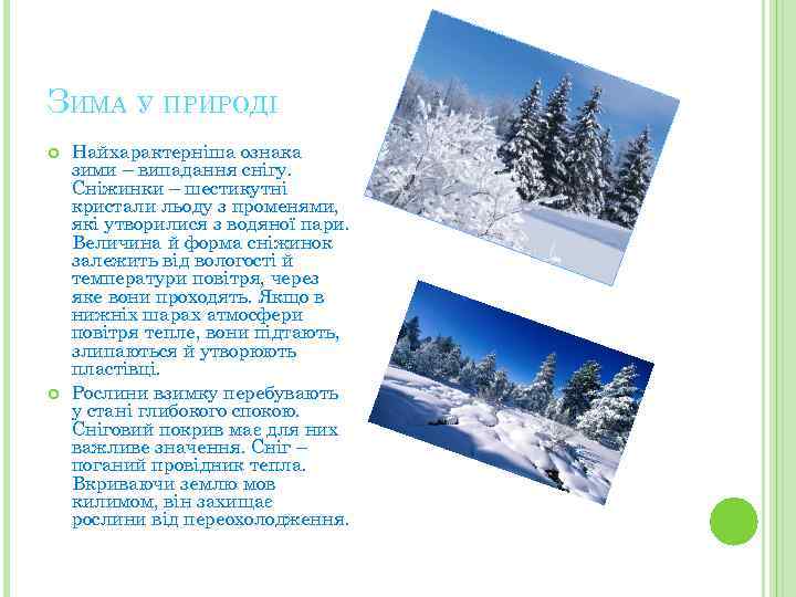 ЗИМА У ПРИРОДІ Найхарактерніша ознака зими – випадання снігу. Сніжинки – шестикутні кристали льоду