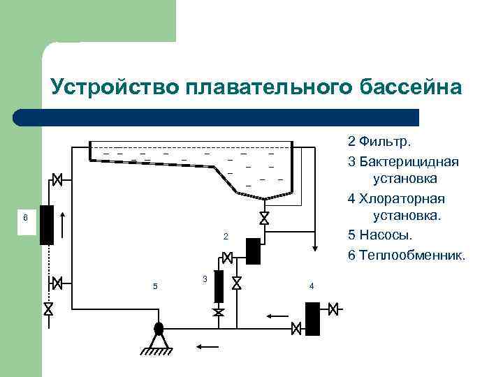 Устройство плавательного бассейна 2 Фильтр. 3 Бактерицидная установка 4 Хлораторная установка. 5 Насосы. 6