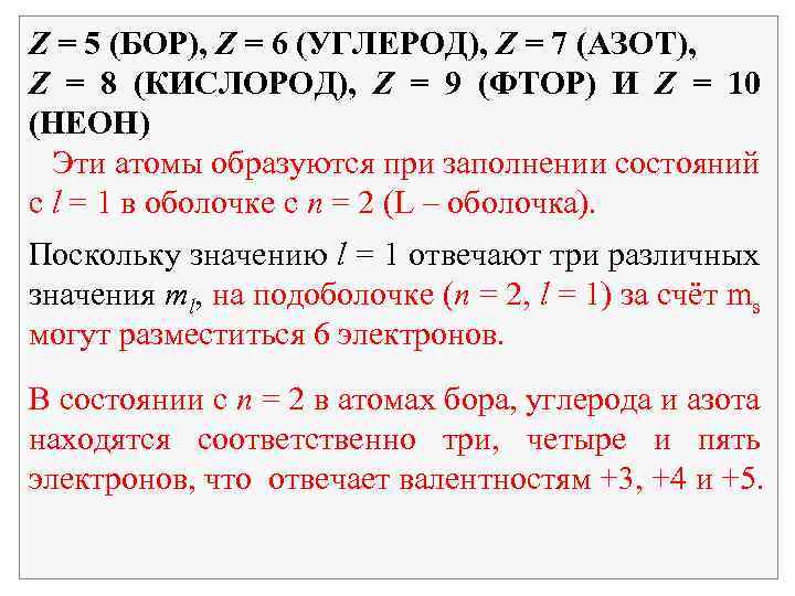 Z = 5 (БОР), Z = 6 (УГЛЕРОД), Z = 7 (АЗОТ), Z =