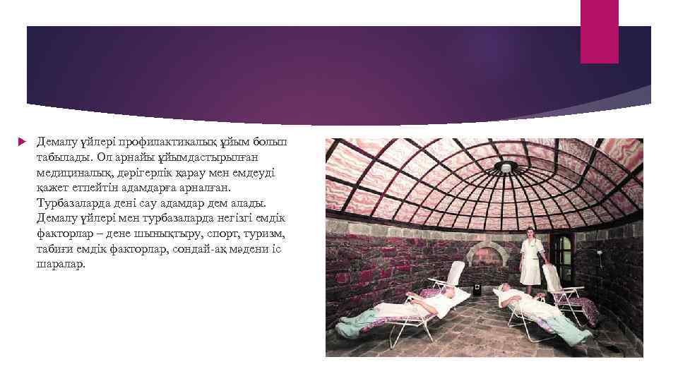  Демалу үйлері профилактикалық ұйым болып табылады. Ол арнайы ұйымдастырылған медициналық, дәрігерлік қарау мен