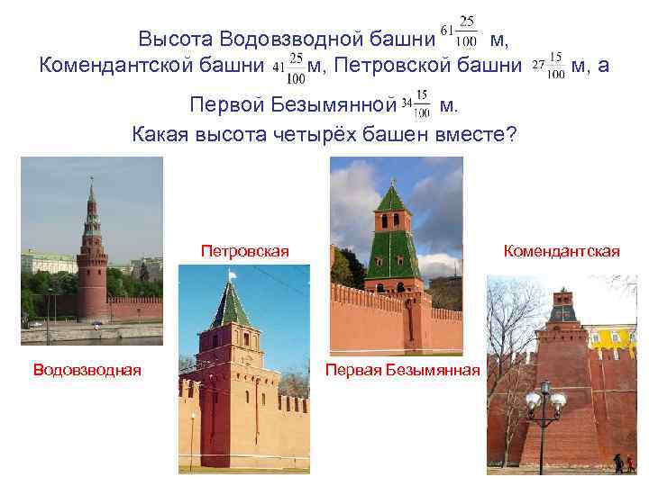 Высота Водовзводной башни м, Комендантской башни м, Петровской башни м, а Первой Безымянной м.