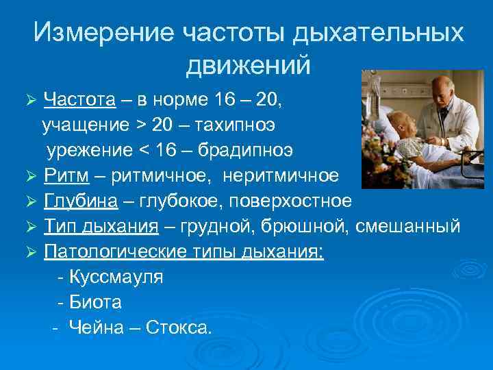 Измерение частоты дыхательных движений Частота – в норме 16 – 20, учащение > 20