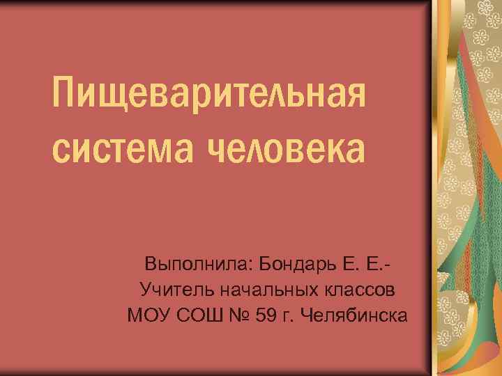 Пищеварительная система человека Выполнила: Бондарь Е. Е. Учитель начальных классов МОУ СОШ № 59