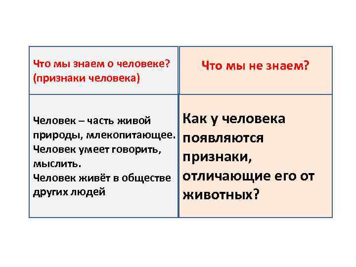 Что мы знаем о человеке? (признаки человека) Человек – часть живой природы, млекопитающее. Человек