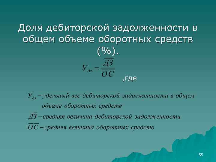 Доля дебиторской задолженности в общем объеме оборотных средств (%). , где 55 