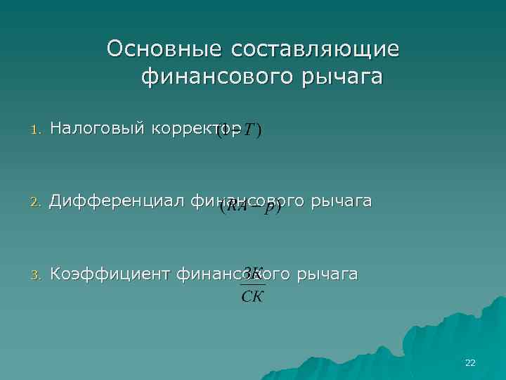 Основные составляющие финансового рычага 1. Налоговый корректор 2. Дифференциал финансового рычага 3. Коэффициент финансового