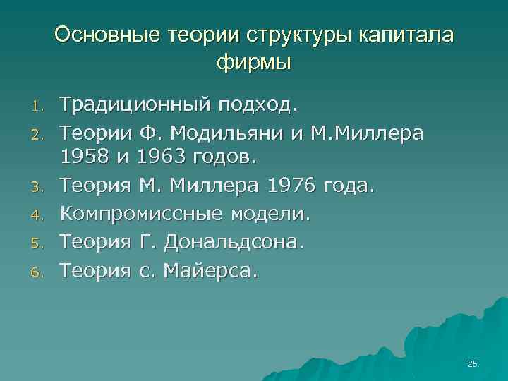 Основные теории структуры капитала фирмы 1. 2. 3. 4. 5. 6. Традиционный подход. Теории
