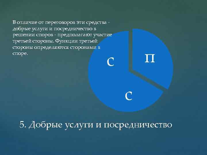 В отличие от переговоров эти средства добрые услуги и посредничество в решении споров предполагают