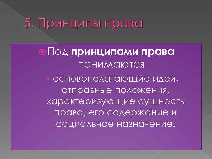 5. Принципы права Под принципами права понимаются › основополагающие идеи, отправные положения, характеризующие сущность